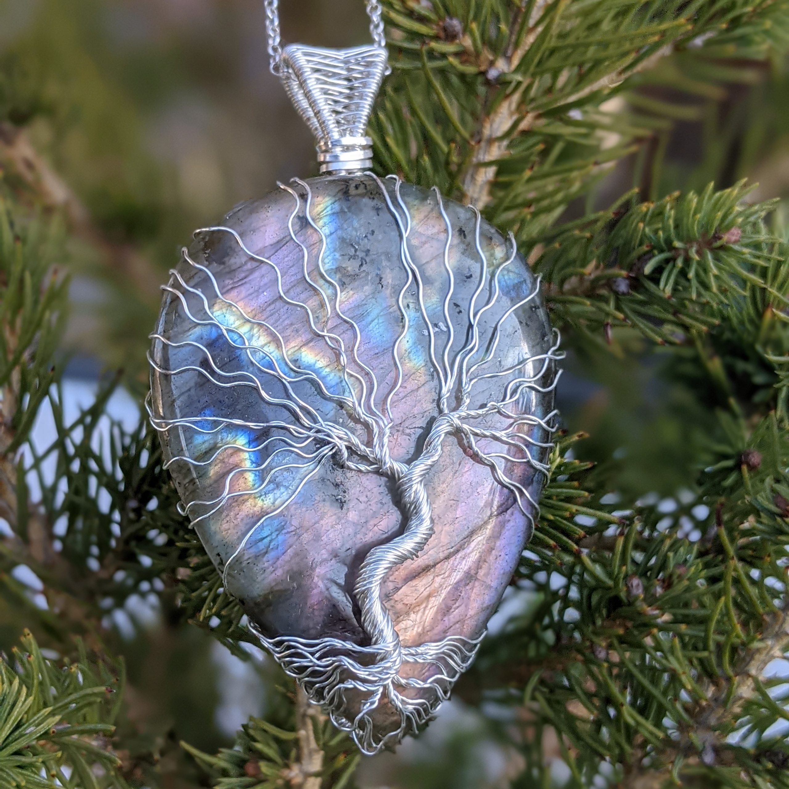 Purple Labradorite Tree of Life Silver Pendant
