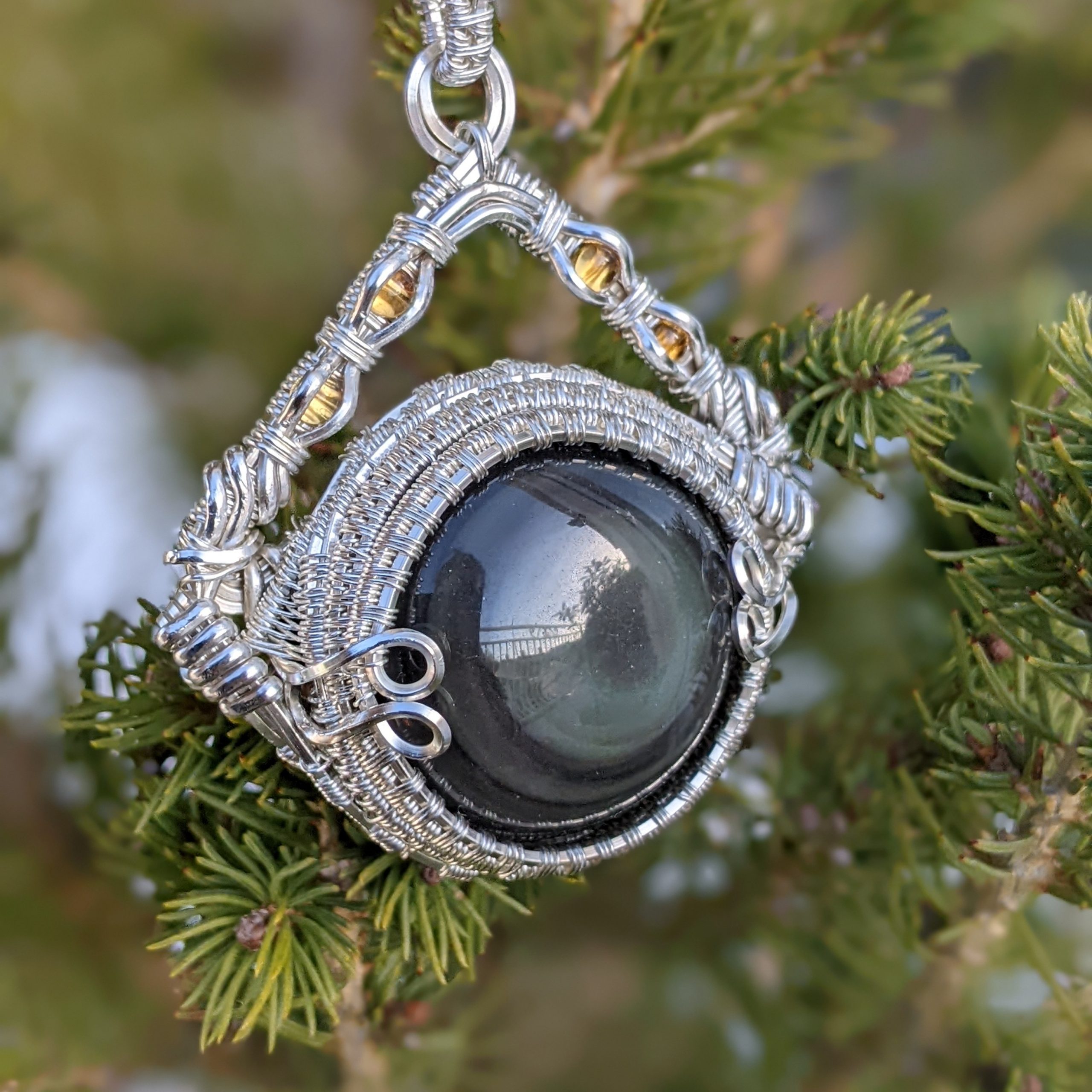 Citrines and Rainbow Obsidian Silver Pendant - Image 2
