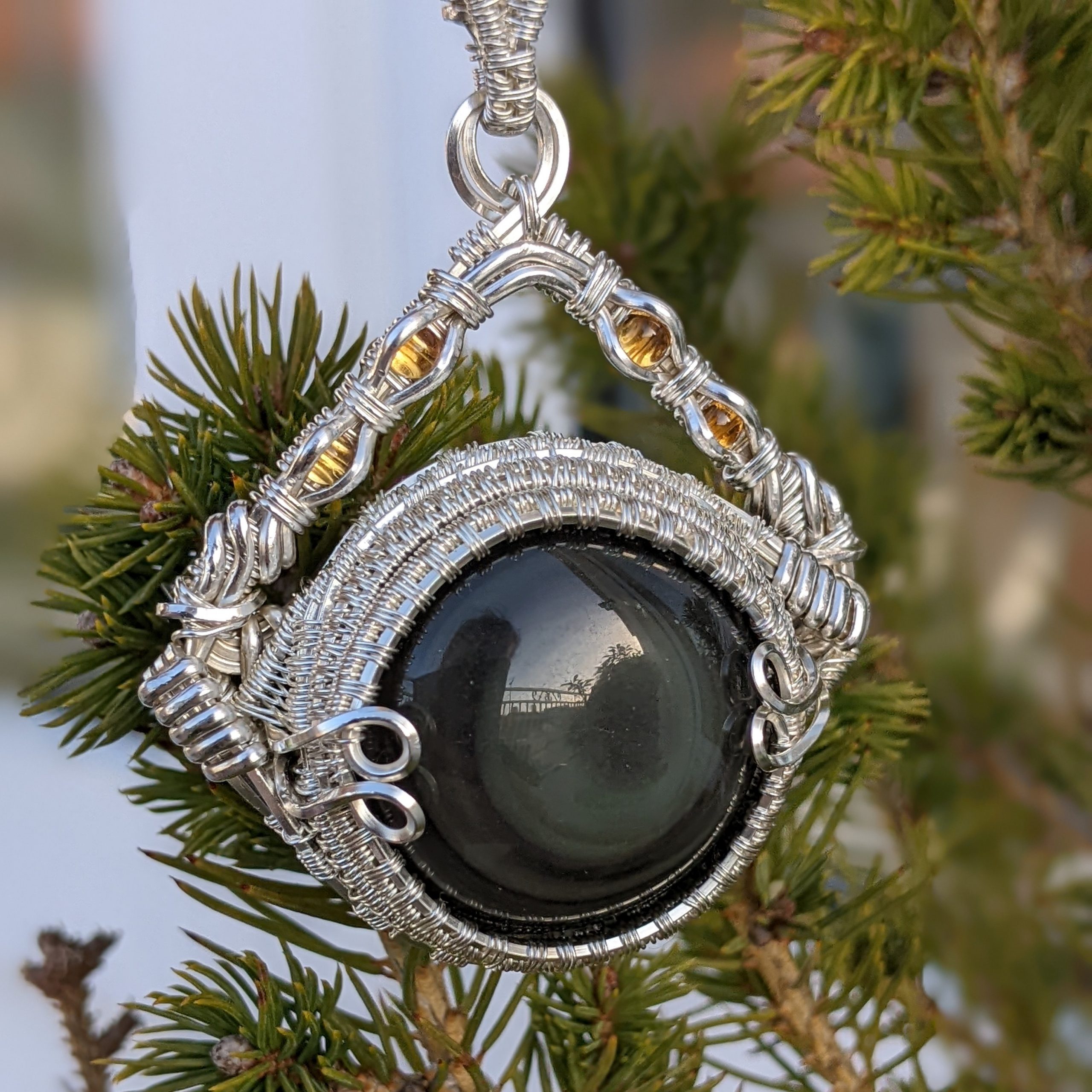 Citrines and Rainbow Obsidian Silver Pendant - Image 3