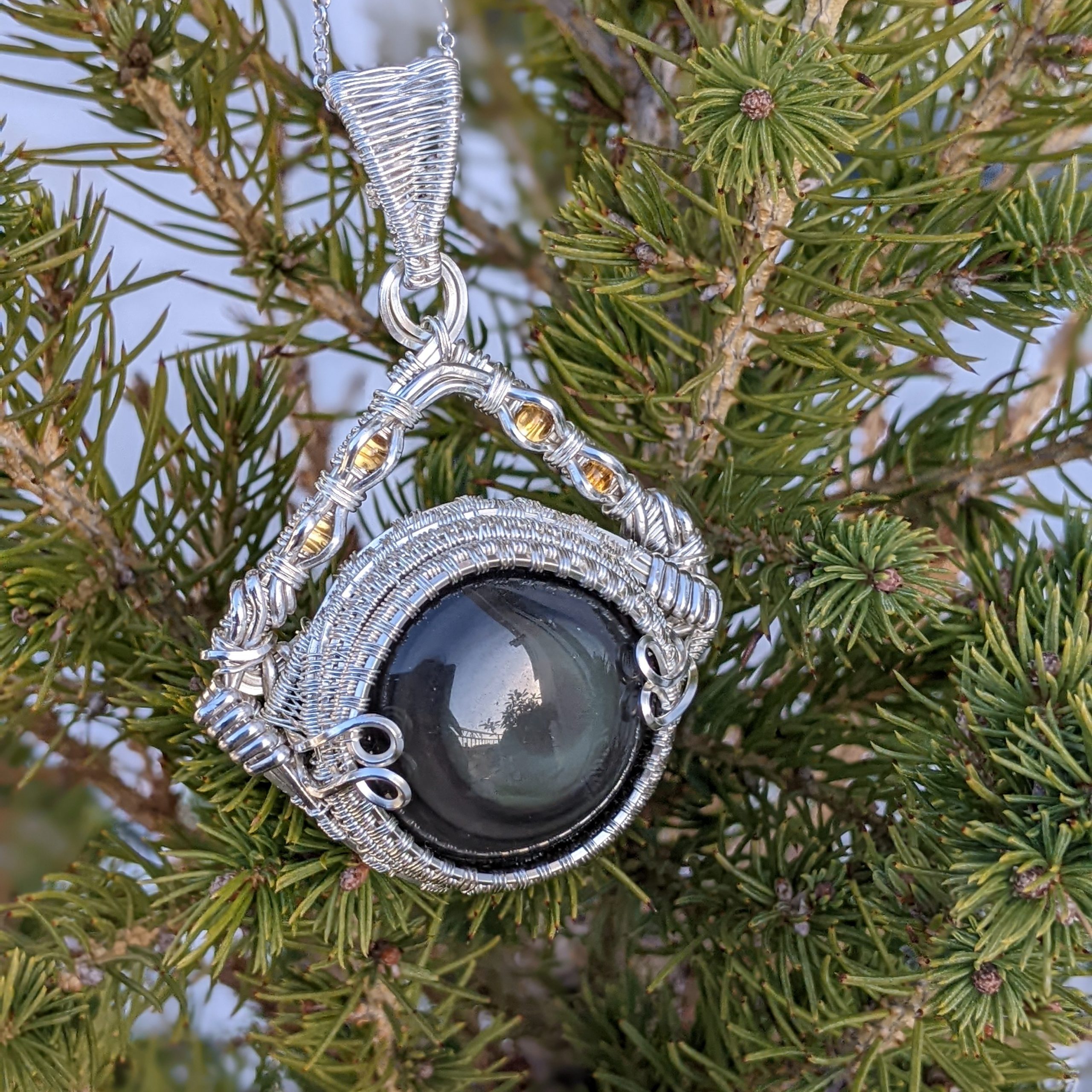 Citrines and Rainbow Obsidian Silver Pendant