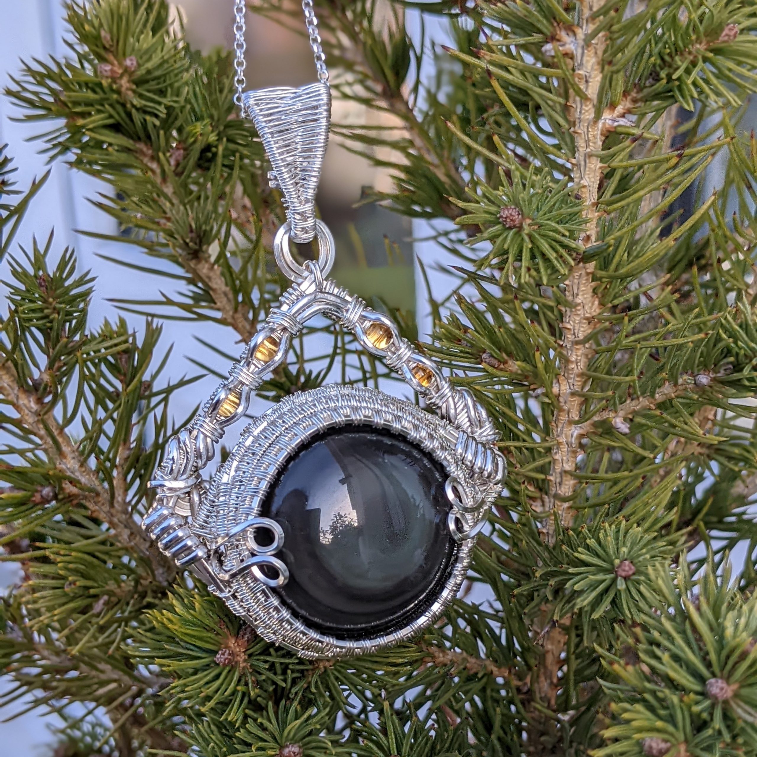 Citrines and Rainbow Obsidian Silver Pendant - Image 5