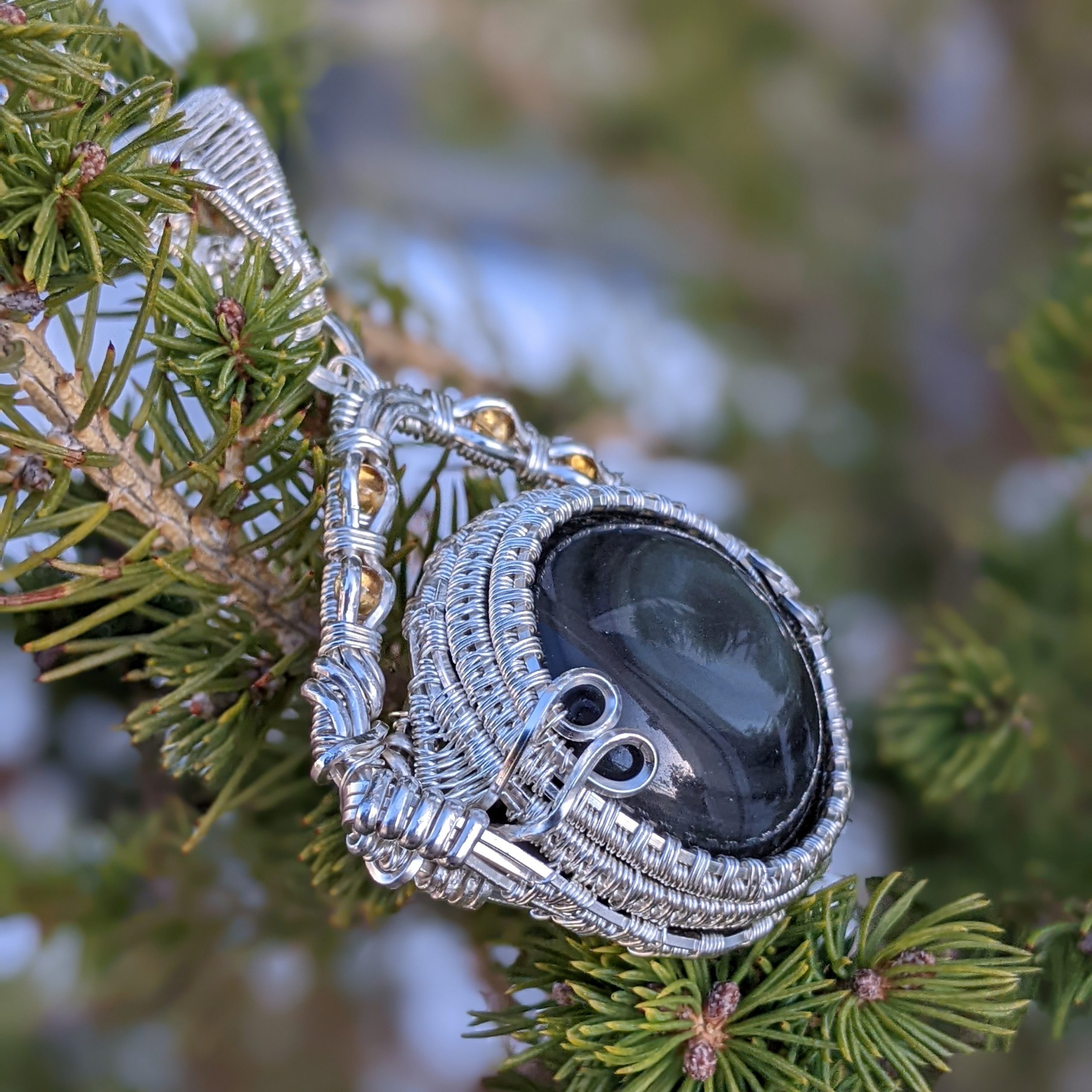 Citrines and Rainbow Obsidian Silver Pendant - Image 6