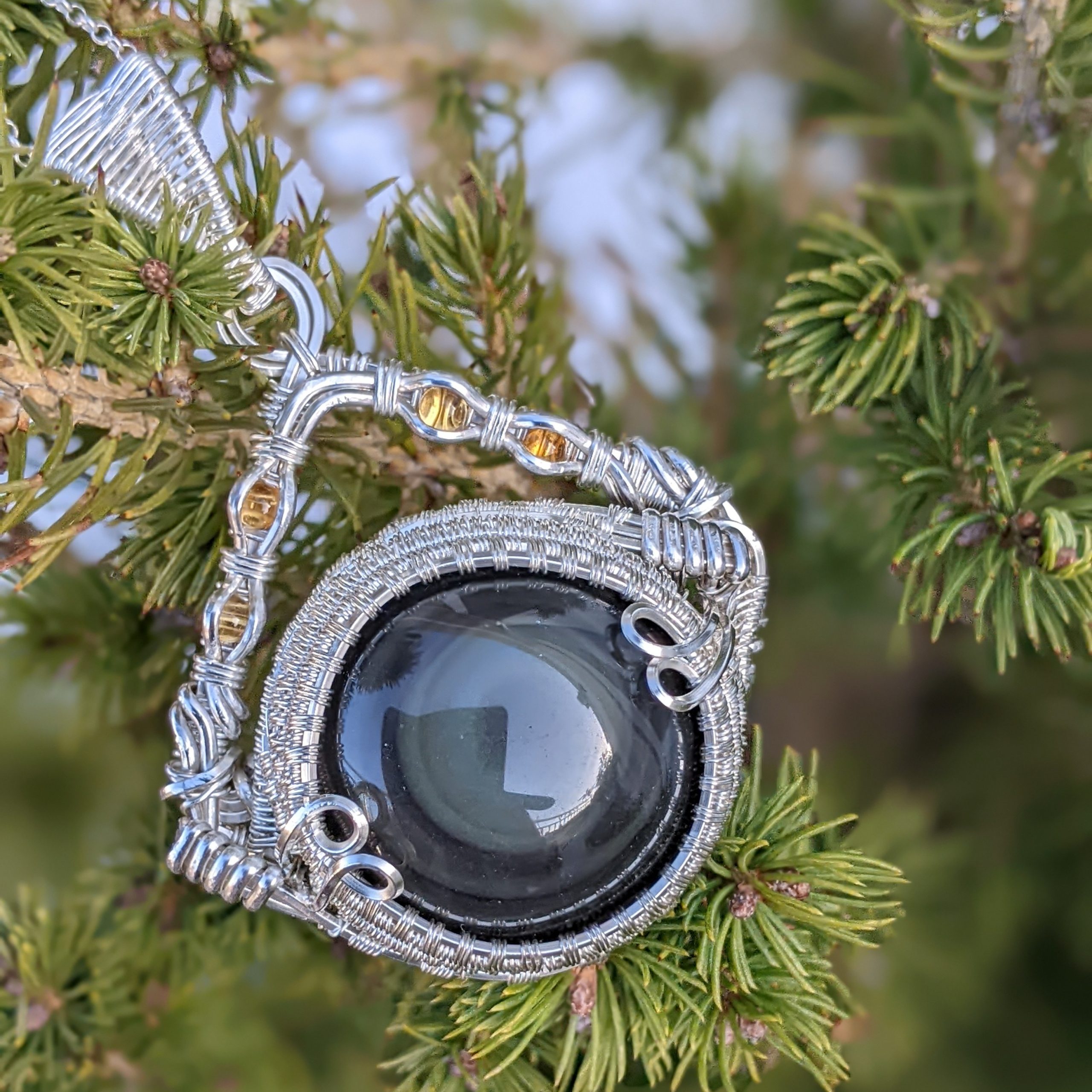 Citrines and Rainbow Obsidian Silver Pendant - Image 7