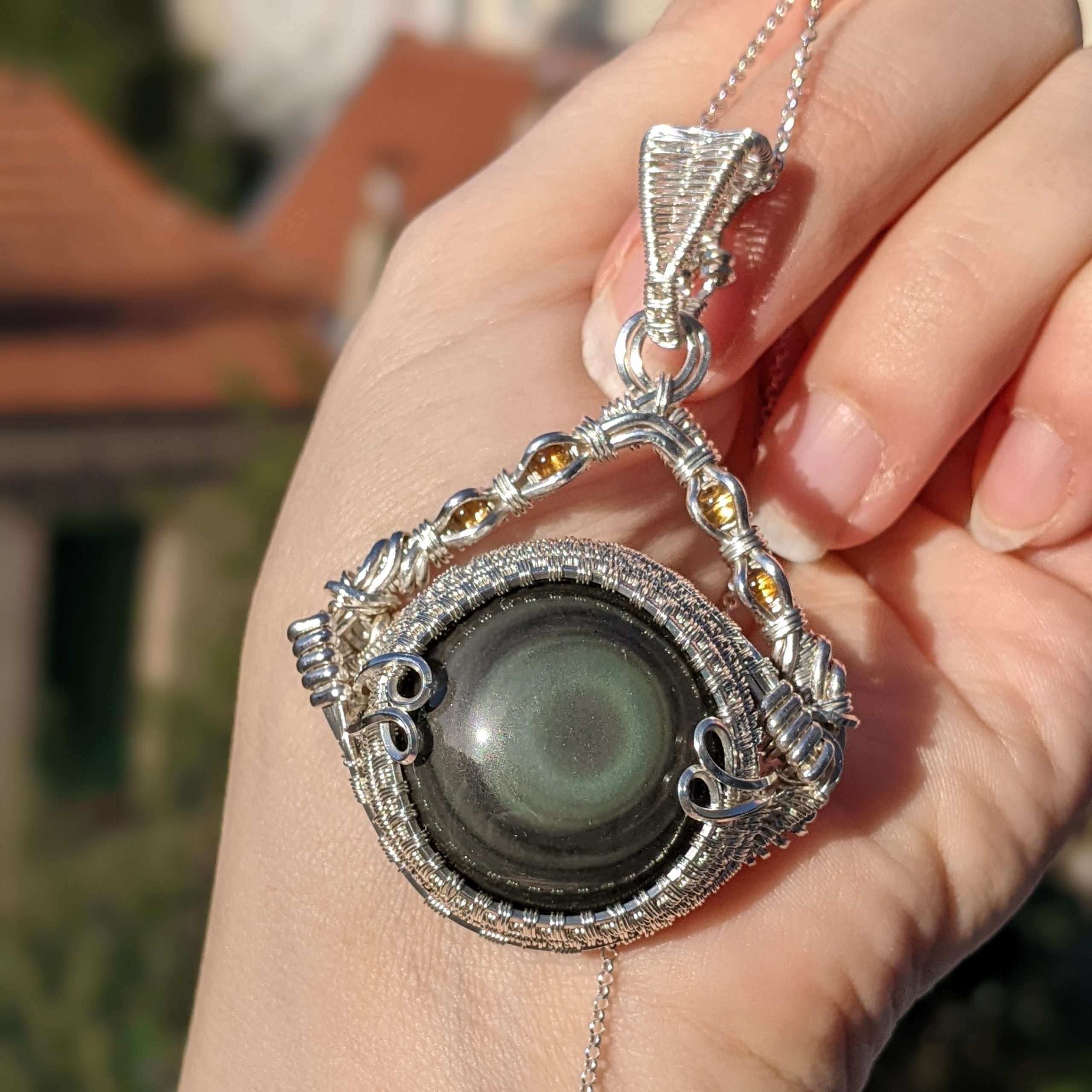 Citrines and Rainbow Obsidian Silver Pendant - Image 8