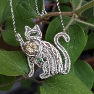 Citrine, Hessonite and Tsavorite Garnets Cat Silver Necklace