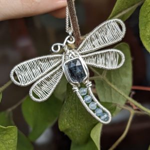 Kyanite and Aquamarine Dragonfly Silver Pendant